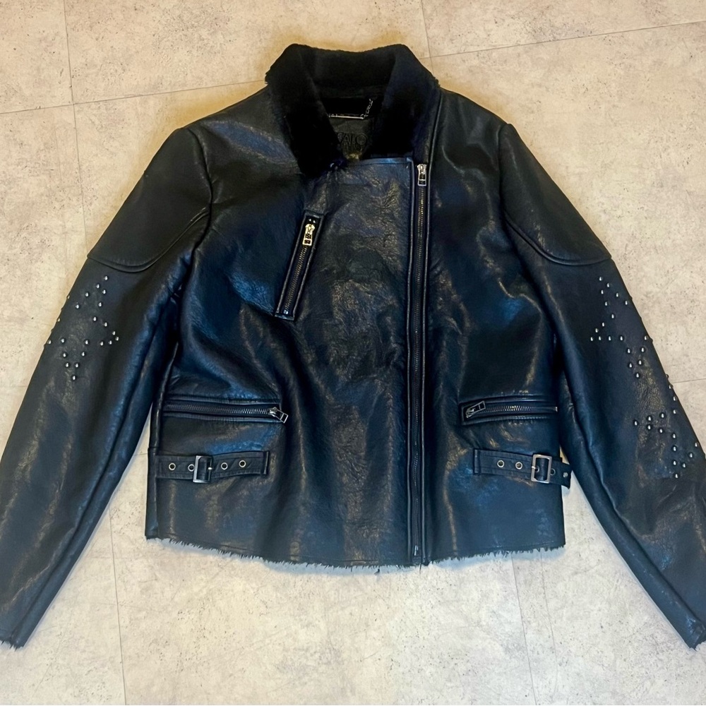 Buffalo David Bitton Black Leather, Studded Sleeve & Patch Jacket ♥️
